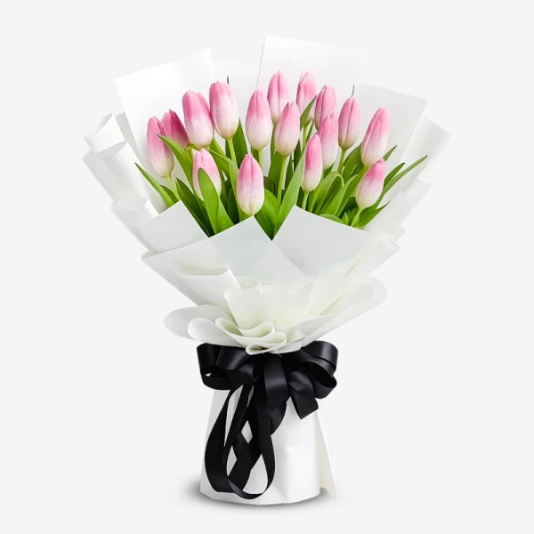 Bouquet of 20 pink tulips wrapped in white paper with a black ribbon.