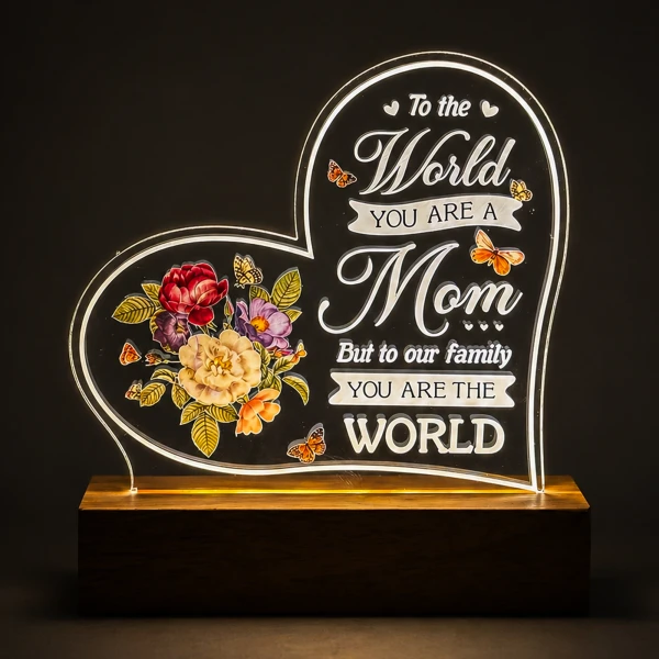 Heart-shaped lamp with flowers, butterflies, and the message "To the World you are a Mom, But to our family you are the World."