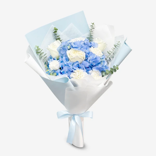 Blue hydrangea and white rose bouquet with eucalyptus, wrapped in blue paper and tied with a blue ribbon.