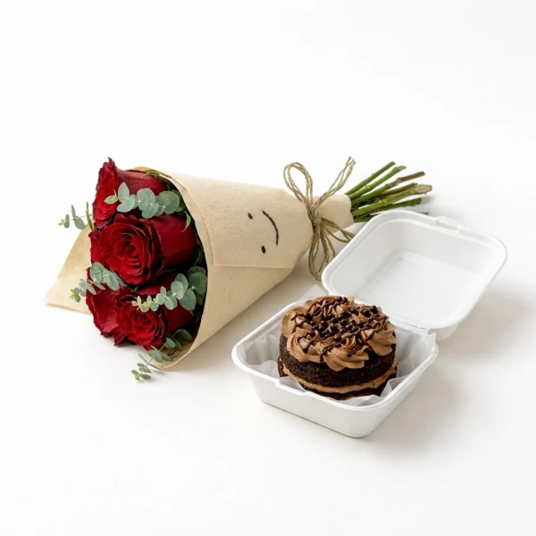 Red roses with eucalyptus in a brown paper wrap with a smiley face, next to a double chocolate bento cake in a white box.