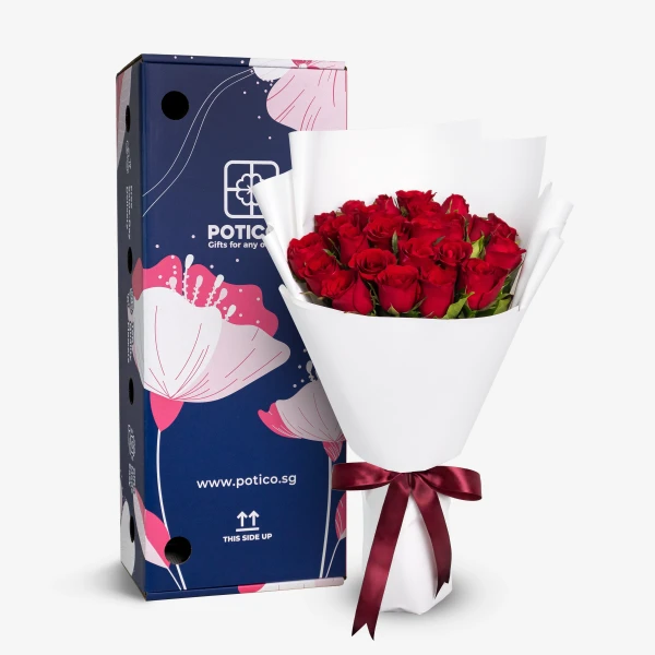 A box of 24 red roses with a white paper wrap, tied with a burgundy ribbon.