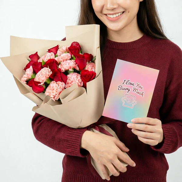 Woman holding a bouquet of red roses and pink carnations with a card that says "I love you Beary Much."