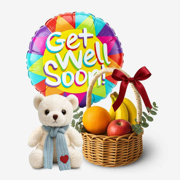 Get well soon balloon, teddy bear, and fruit basket with bananas, apples, and oranges.