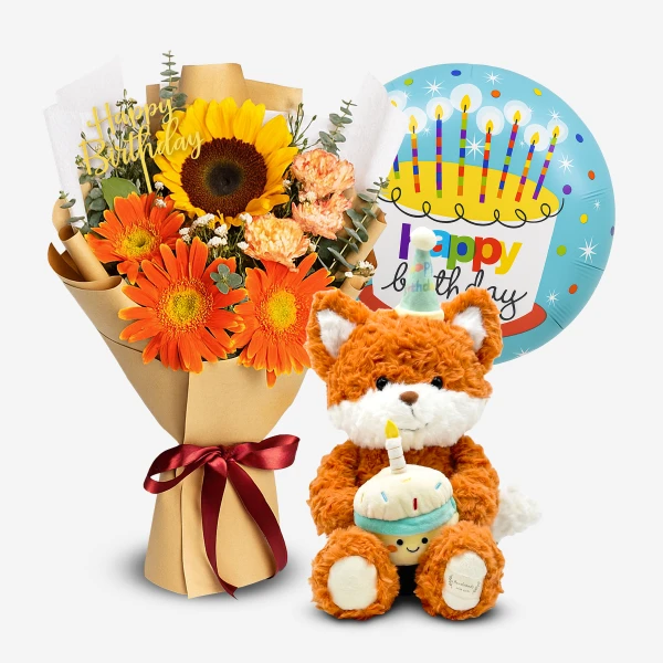 Birthday bouquet, plush fox with cupcake, and "Happy Birthday" balloon.