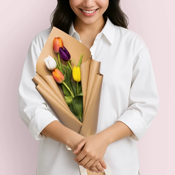 Woman in white shirt holding a bouquet of colorful tulips wrapped in brown paper.