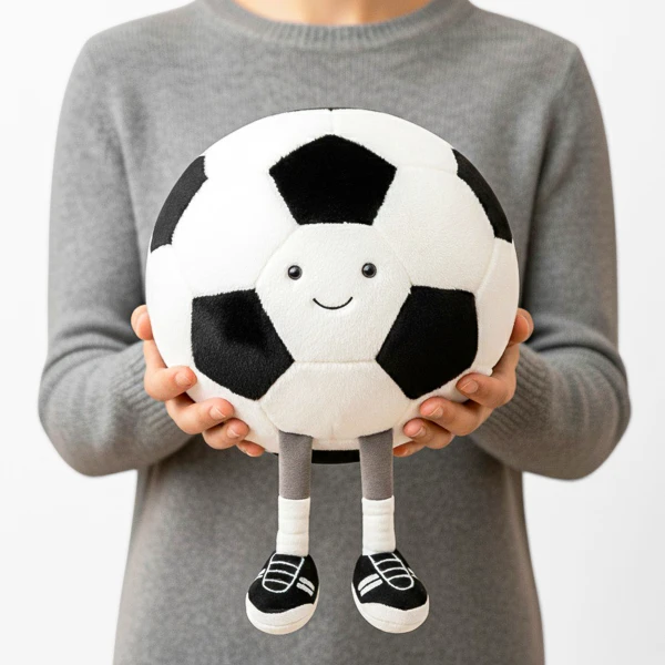 A person holds a plush soccer ball with a smiling face and short legs wearing sneakers.