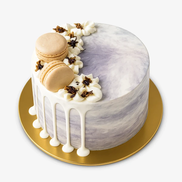 A marbled grey and white Earl Grey Lavender cake with white frosting, macarons, and edible flowers.