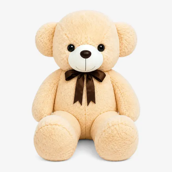 Cream-colored giant teddy bear with a brown bow tie, sitting against a white background.