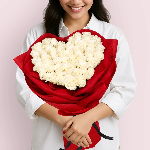 Heart-shaped bouquet of 50 white roses wrapped in red fabric.