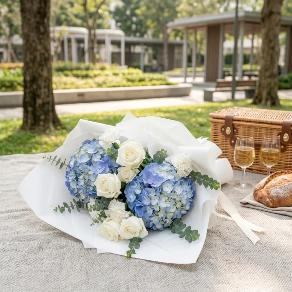 Blue hydrangeas and white roses in a white bouquet with eucalyptus and a ribbon.