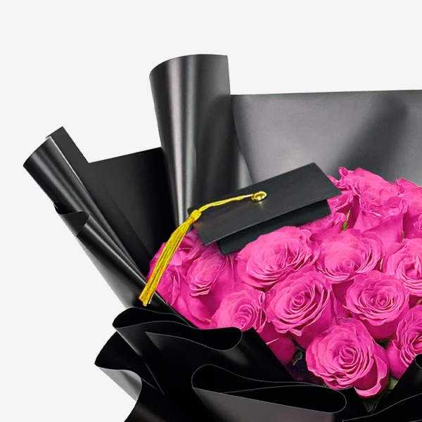 Bouquet of 50 vibrant pink roses with a black graduation cap and tassel.