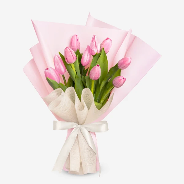 Pink tulips bouquet wrapped in pink and white paper with a white ribbon.
