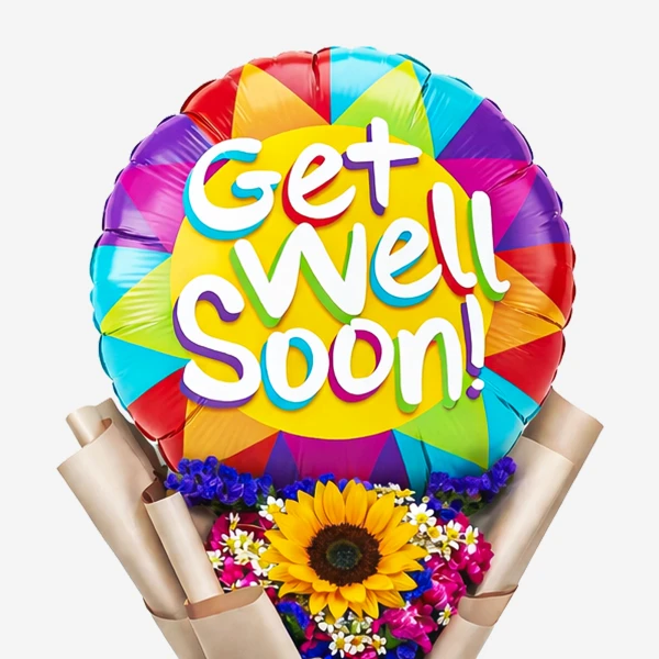 Colorful "Get Well Soon!" balloon with sunflower and flowers arrangement.