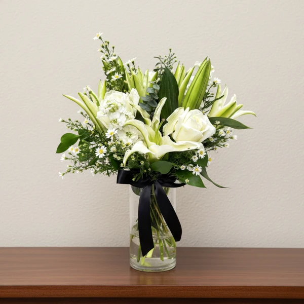 White lilies, roses, and matthiola in a glass vase with a black ribbon.