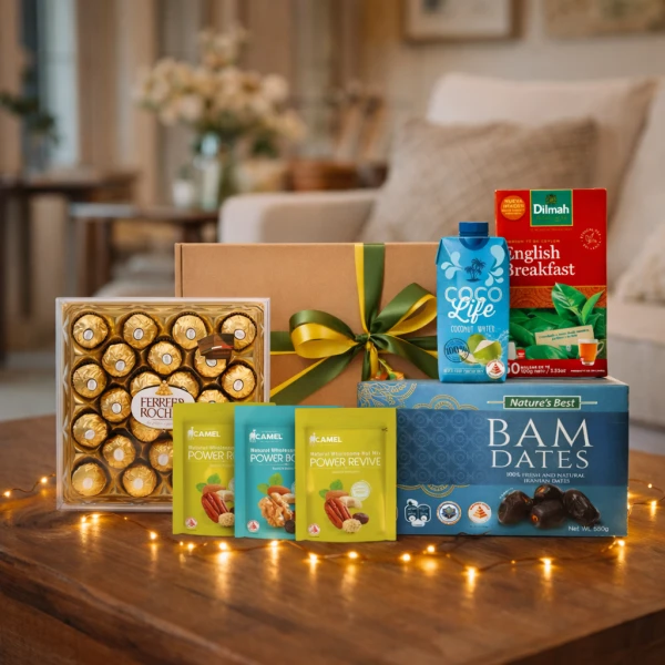 Ramadan Royale Gift Box with chocolates, nuts, dates, coconut water, and tea.