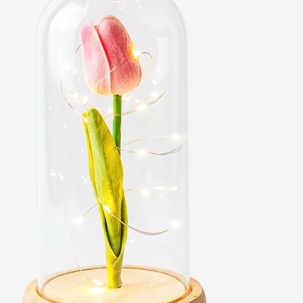 Pink tulip in a glass dome with fairy lights on a wooden base.