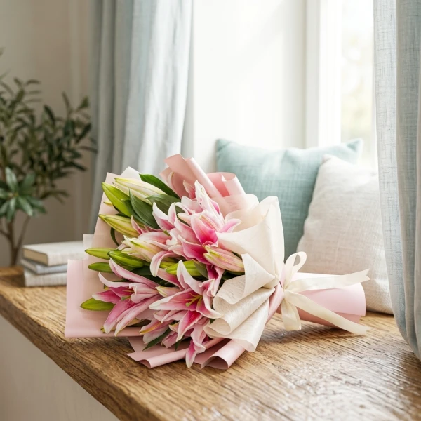 Pink lilies in a bouquet with pink and beige wrapping, tied with a cream ribbon.