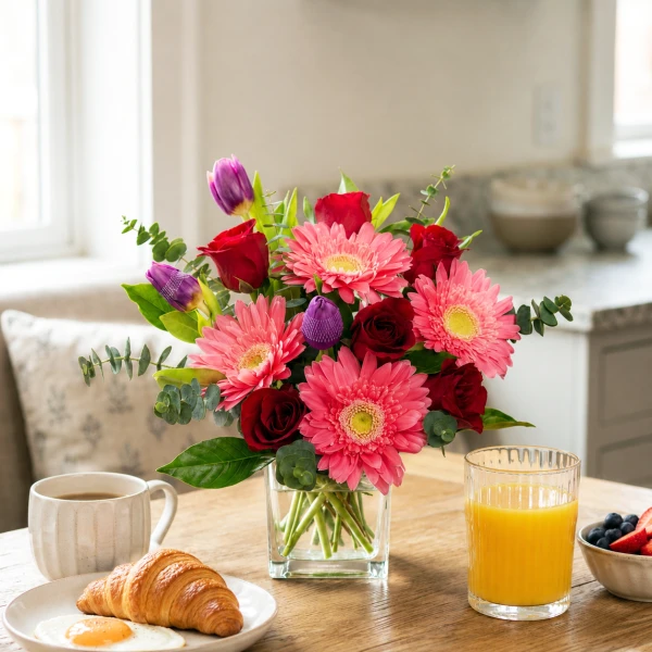 Red roses, pink gerberas, and purple tulips in a clear vase with greenery.