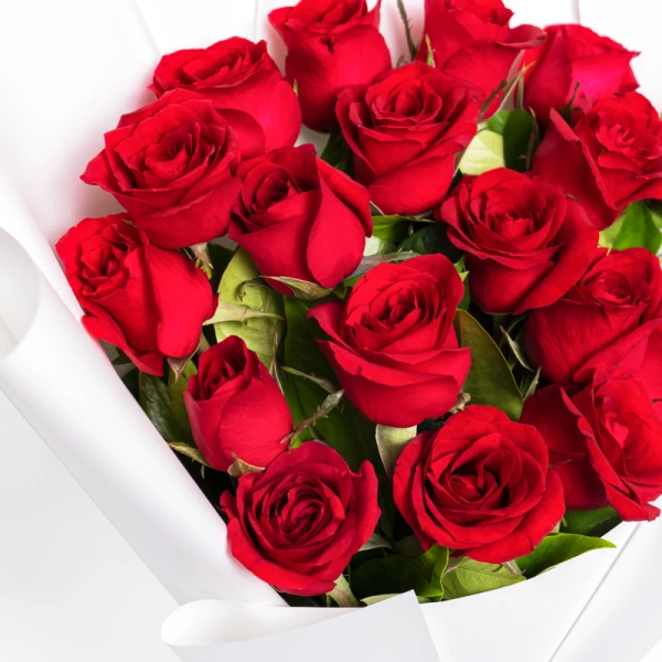 Bouquet of 18 vibrant red roses, elegantly wrapped in white paper.