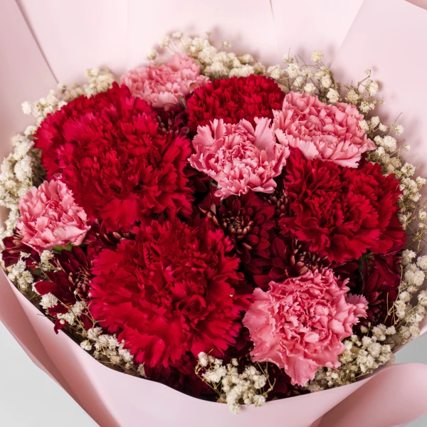 A bouquet of red and pink carnations with baby's breath, wrapped in pink paper.