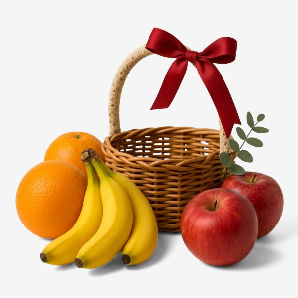 Fruit basket with bananas, oranges, red apples, and a red ribbon bow.