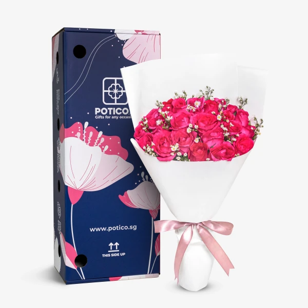 A bouquet of bright pink roses wrapped in white paper, beside a dark blue box with pink floral designs and the Potico logo.