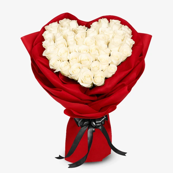 Heart-shaped bouquet of 50 white roses wrapped in red paper with a black ribbon.