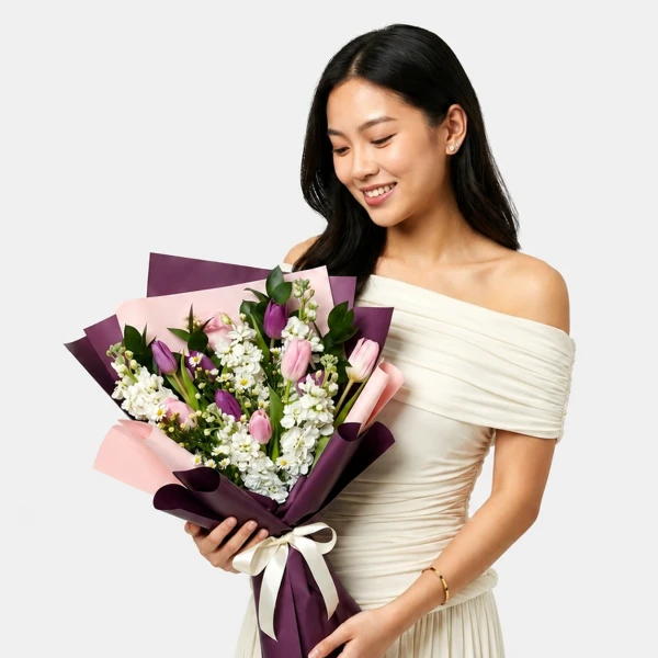 Woman holding a bouquet of purple and pink tulips with white flowers, wrapped in deep purple paper and tied with a white ribbon.
