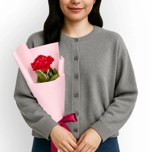 A person holds a single red carnation wrapped in pink paper, tied with a burgundy ribbon.