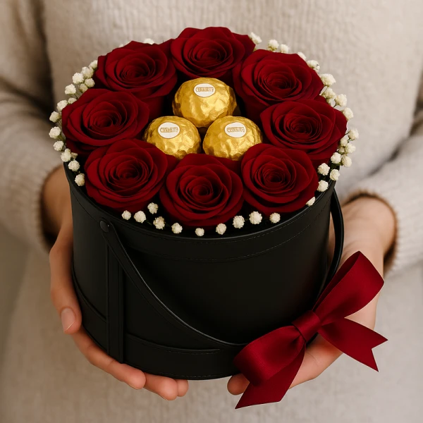 Round black box of preserved red roses and Ferrero Rocher chocolates with a burgundy ribbon bow.
