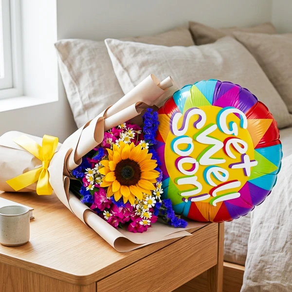 Sunflower bouquet with purple flowers and a "Get Well Soon" balloon on a bedside table.