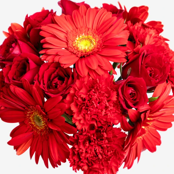 A bouquet of vibrant red roses, carnations, and gerbera daisies in a glass vase.