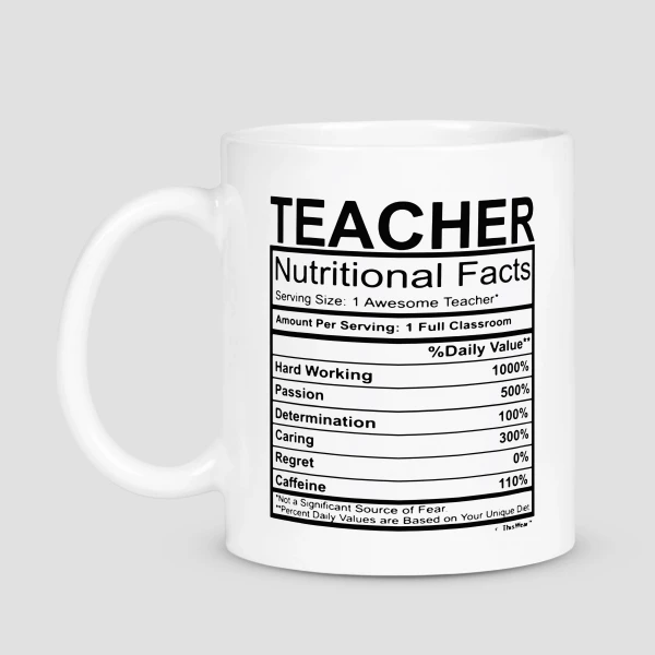 White mug with "Teacher Nutritional Facts" label including ingredients like Hard Working, Passion, and Caffeine.
