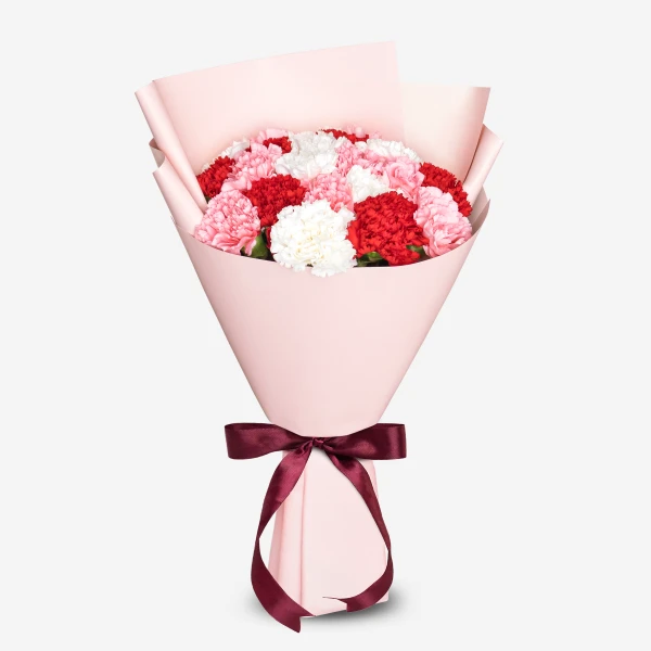 Bouquet of red, pink, and white carnations in pink paper with a burgundy ribbon.