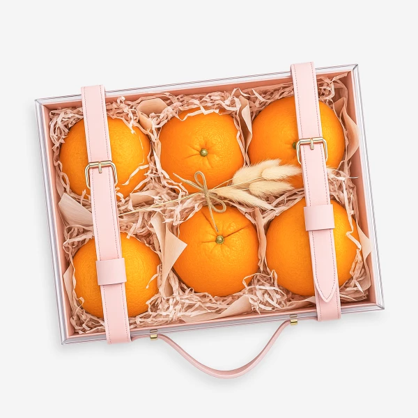 Citrine Trunk gift box with 6 oranges, pink straps, and decorative filler.