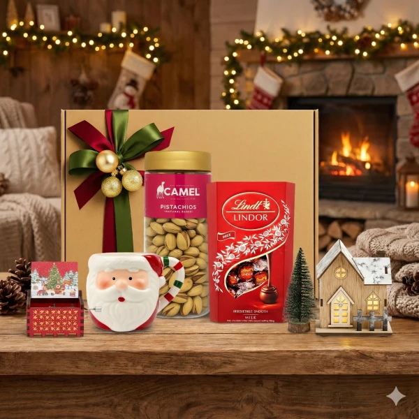 Christmas gift box with pistachios, chocolates, Santa mug, and wooden cottage decor.
