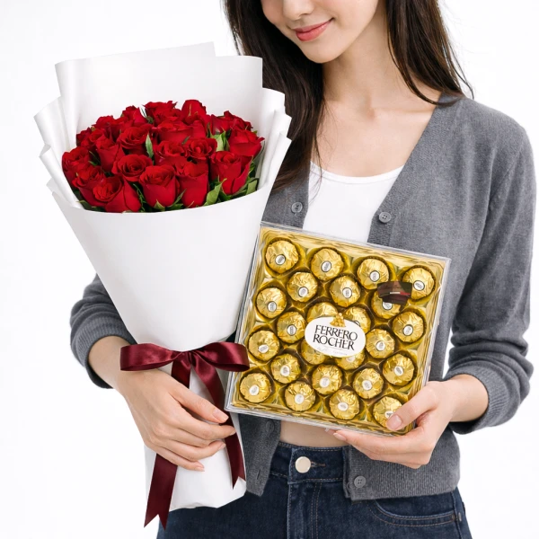 Woman holding a bouquet of red roses and a box of Ferrero Rocher chocolates.