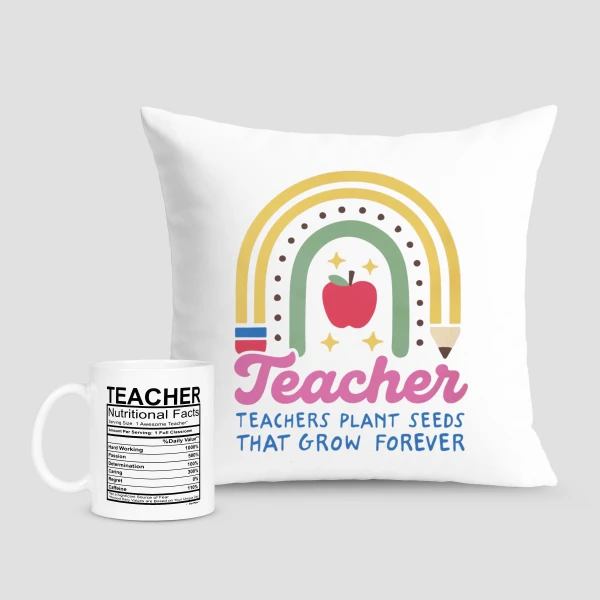 Pillow and mug with "Teacher" theme, featuring a rainbow, apple, and nutritional facts about teachers.