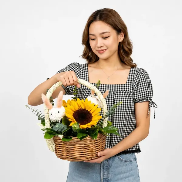 Easter basket with sunflowers and bunny decorations, held by a person's hand.