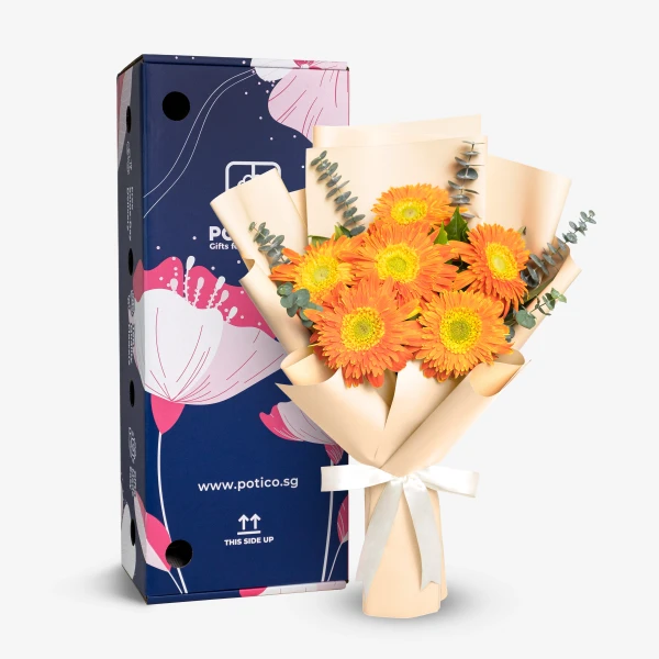 Orange gerbera daisies in a bouquet tied with a white ribbon next to a blue box.