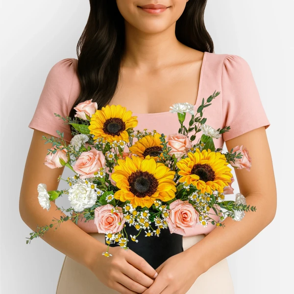 Woman holding a bouquet of sunflowers, pink roses, and white carnations.