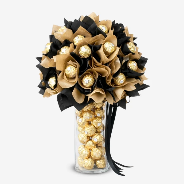 Ferrero Rocher chocolates in a bouquet arrangement with black and gold wrapping.