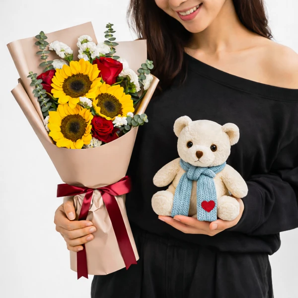 Woman holding a sunflower bouquet and a teddy bear with a red heart on its scarf.
