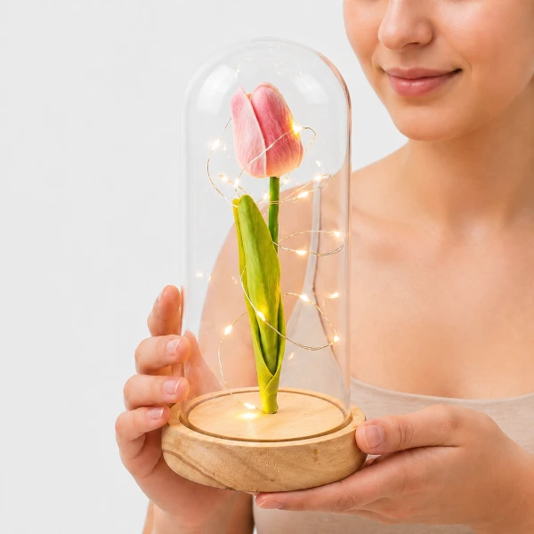 Pink tulip under glass dome with fairy lights on wooden base, held by a person.