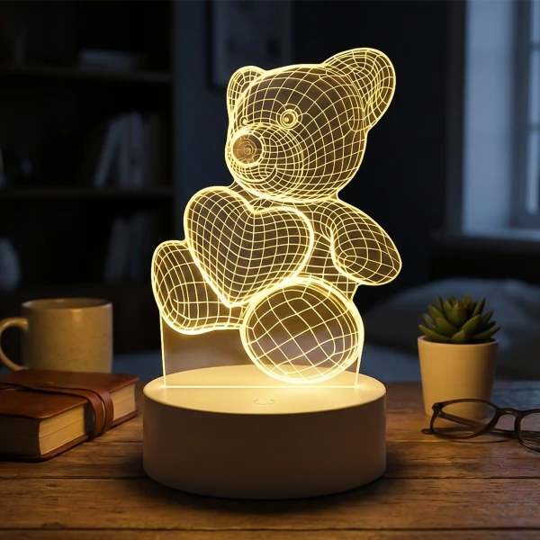 3D wireframe teddy bear lamp holding a heart and a ball.