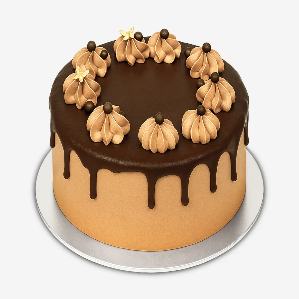 A chocolate drip cake with chocolate frosting, topped with piped caramel frosting swirls and chocolate balls.