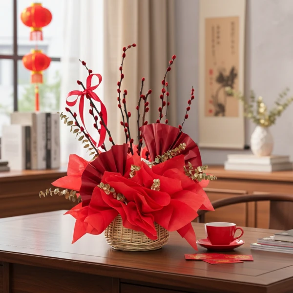 Red floral arrangement with red paper fans, pussy willow branches, and gold accents in a woven basket.