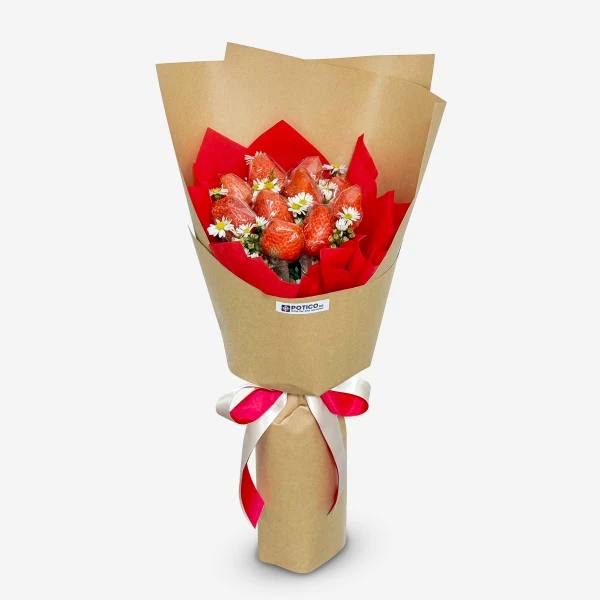 Strawberry bouquet with 10-15 chocolate-covered strawberries and small white flowers, wrapped in brown paper and tied with a pink and white ribbon.