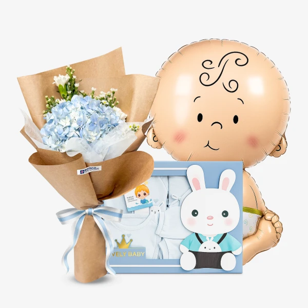 Baby boy gift set with blue hydrangea bouquet, baby clothes, and a baby-shaped balloon.