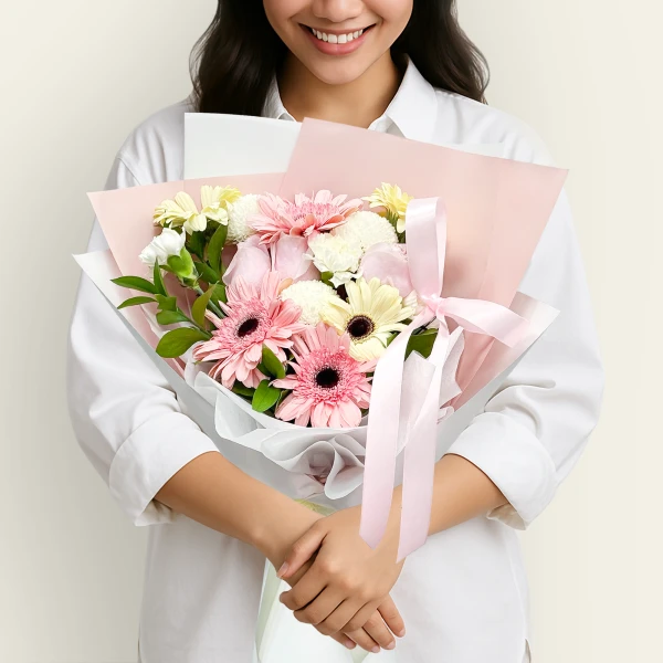 A person in a white shirt holds a bouquet of pink and white gerbera daisies and carnations.